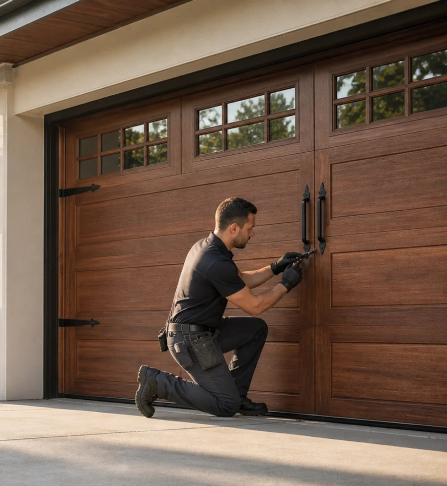 Garage door technician inspecting a modern wood garage door