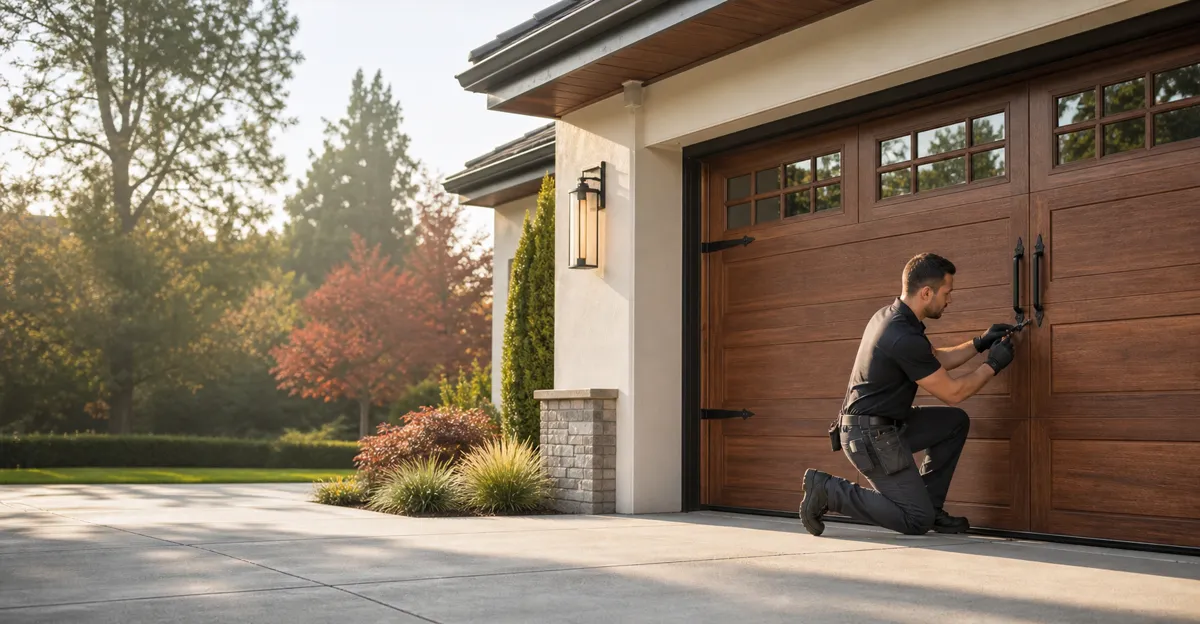 Garage door technician checking exterior door hardware